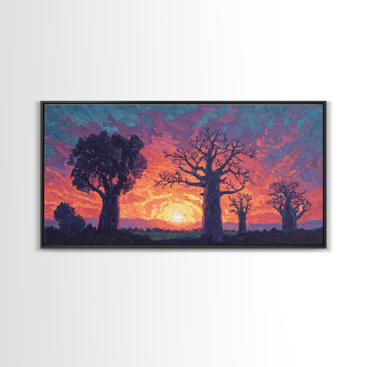 Textured Baobab Sunset Canvas Print, African Landscape Wall Decor, Purple Orange Modern Safari Art, Dreamy Living Room Gift