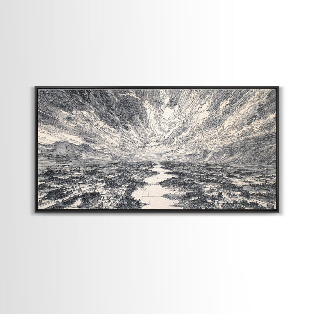 Black And White Etched River Valley Wall Art, African Landscape Print, Dramatic Sky Minimalist Office Decor, Fine Art Gift