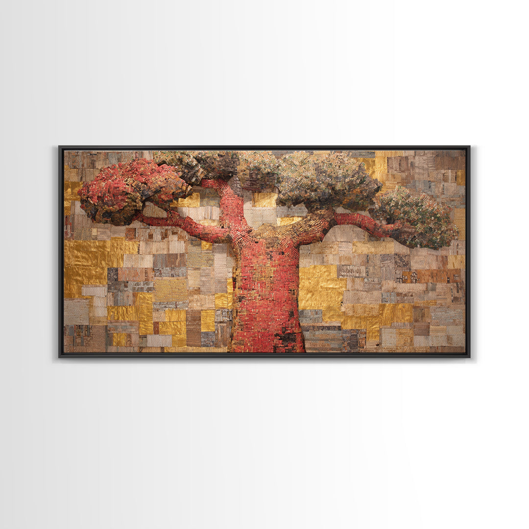 Red Baobab Collage On Gold Canvas Print, African Tree Wall Decor, Textured Mosaic Landscape Art, Bold Living Room Home Decor Gift