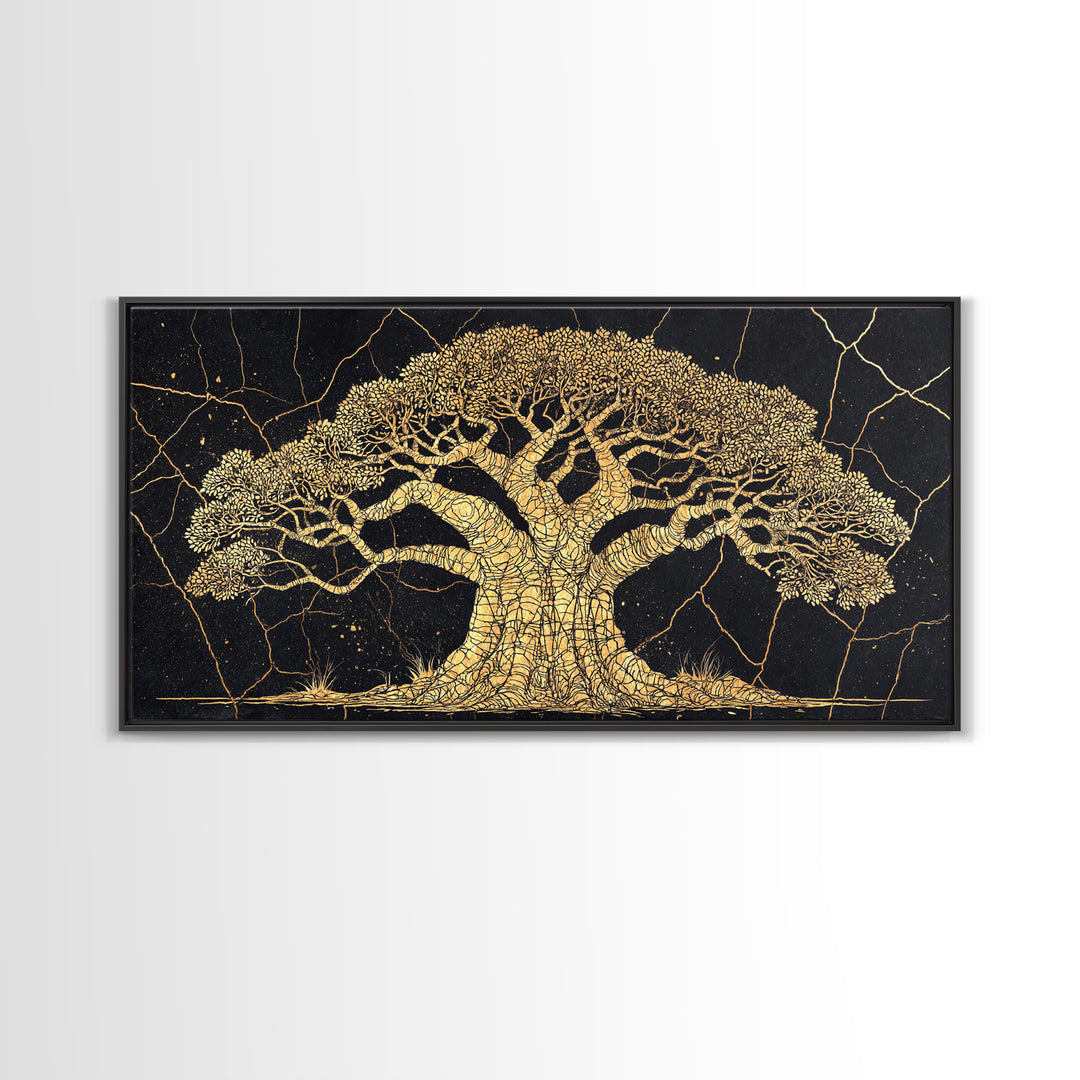 Golden Baobab Tree On Black Wall Art, African Tree Canvas Decor, Gold Crackle Safari Print, Elegant Statement Home Decor Gift