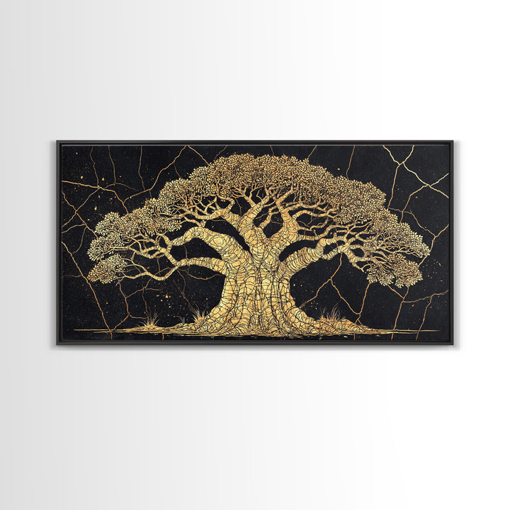 Golden Baobab Tree On Black Wall Art, African Tree Canvas Decor, Gold Crackle Safari Print, Elegant Statement Home Decor Gift