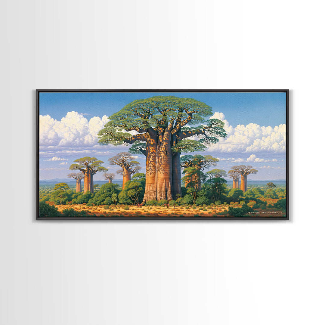 Lush Baobab Forest Under Blue Sky Framed Canvas Print, African Landscape Wall Decor, Madagascar Safari Tree Art Home Decor Gift