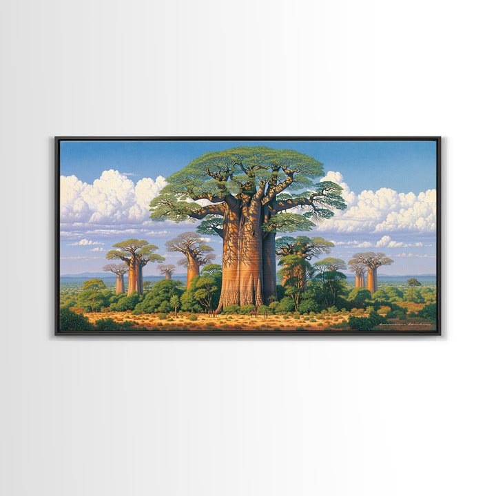 Lush Baobab Forest Under Blue Sky Framed Canvas Print, African Landscape Wall Decor, Madagascar Safari Tree Art Home Decor Gift