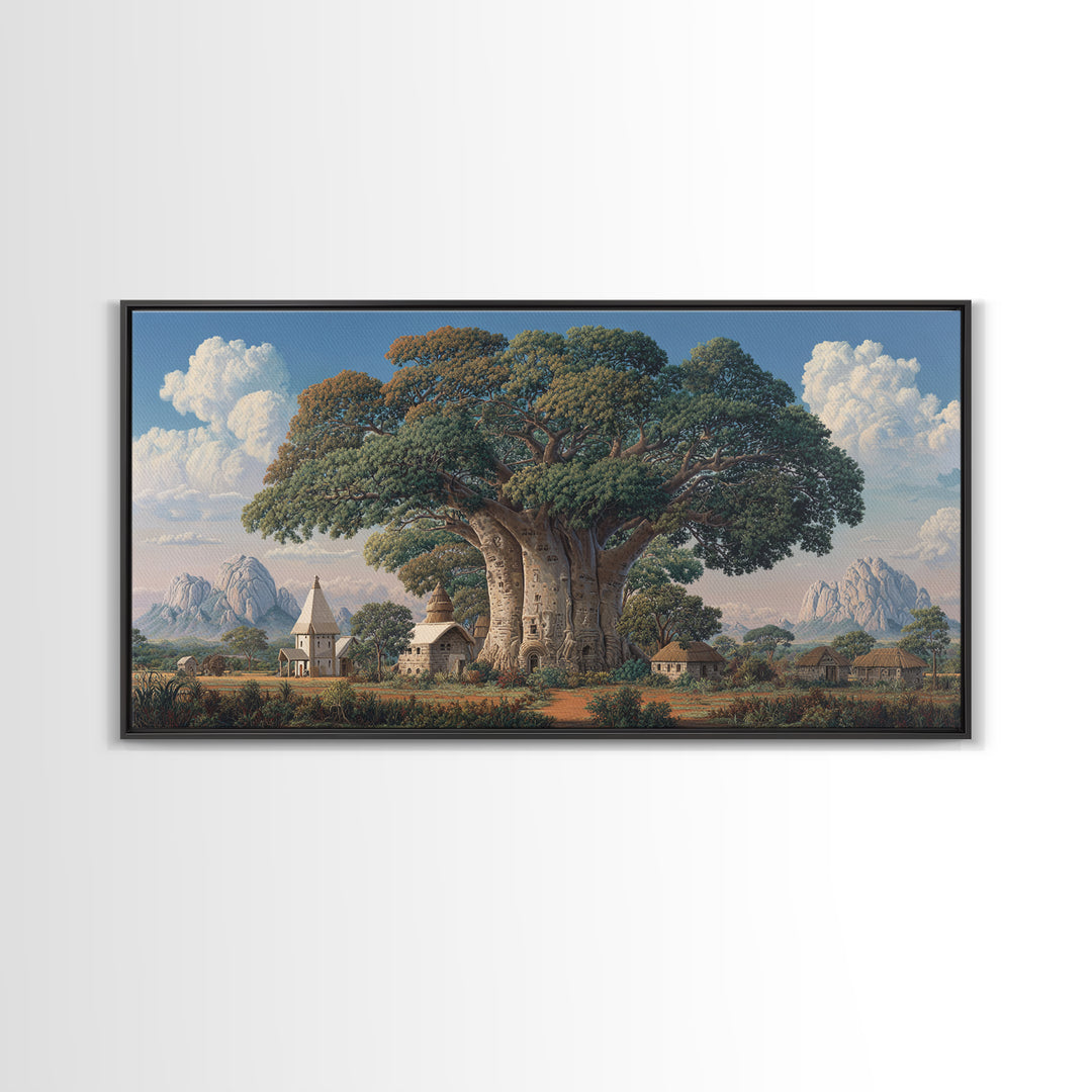 Village Baobab Tree With Church Framed Canvas Print, African Landscape Wall Art, Cultural Home Decor, Housewarming Gift For Her
