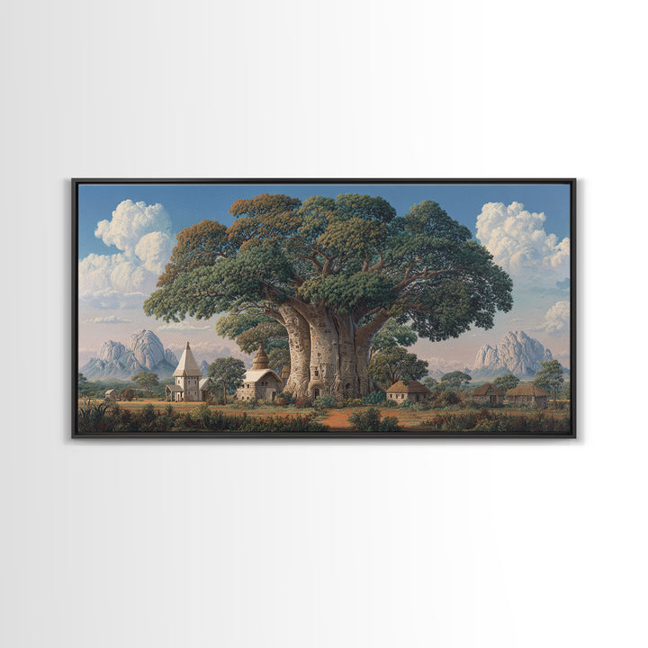 Village Baobab Tree With Church Framed Canvas Print, African Landscape Wall Art, Cultural Home Decor, Housewarming Gift For Her