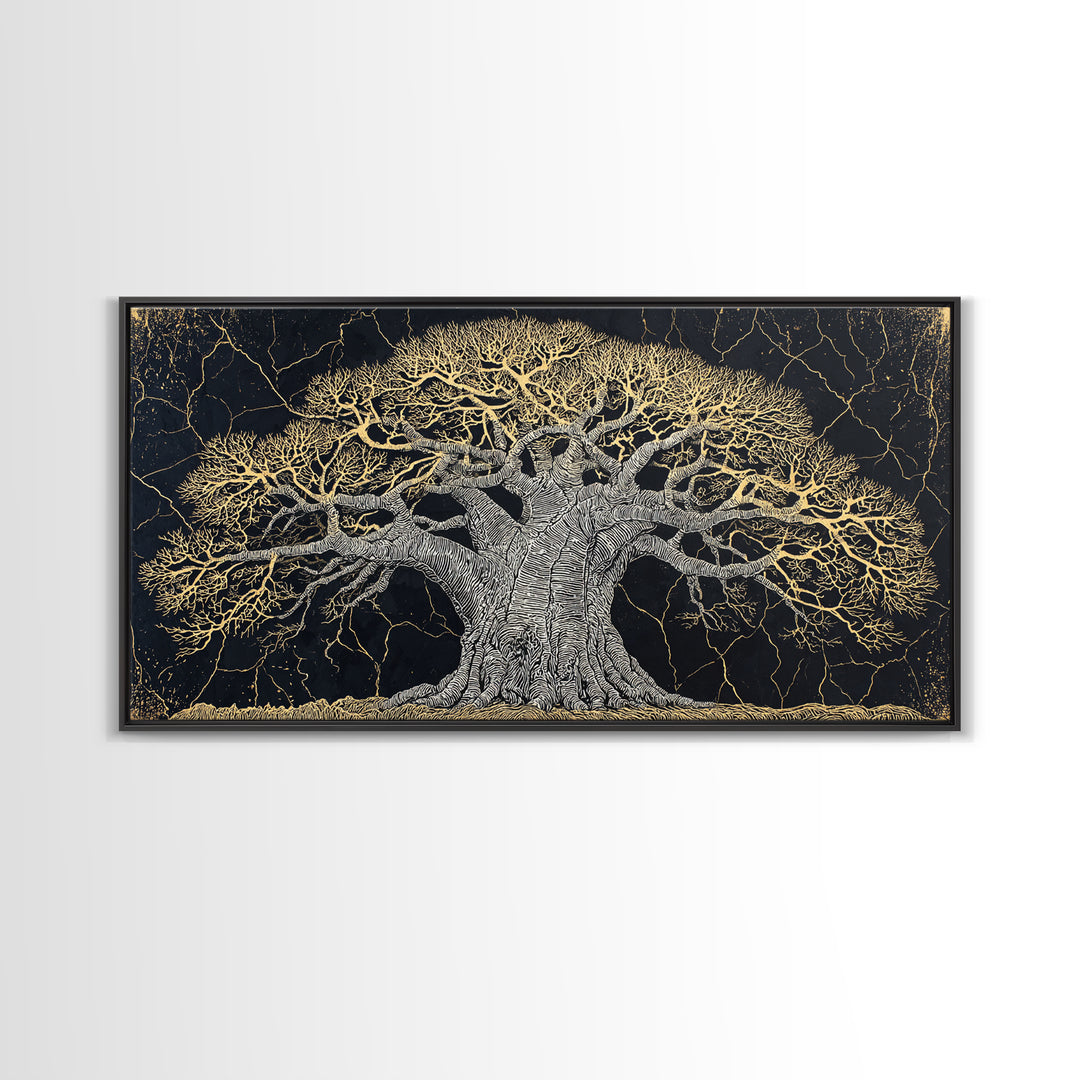 Black And Gold Baobab Tree Canvas Print, Abstract African Art, Textured Statement Wall Art, Modern Tribal Home Decor, Gift