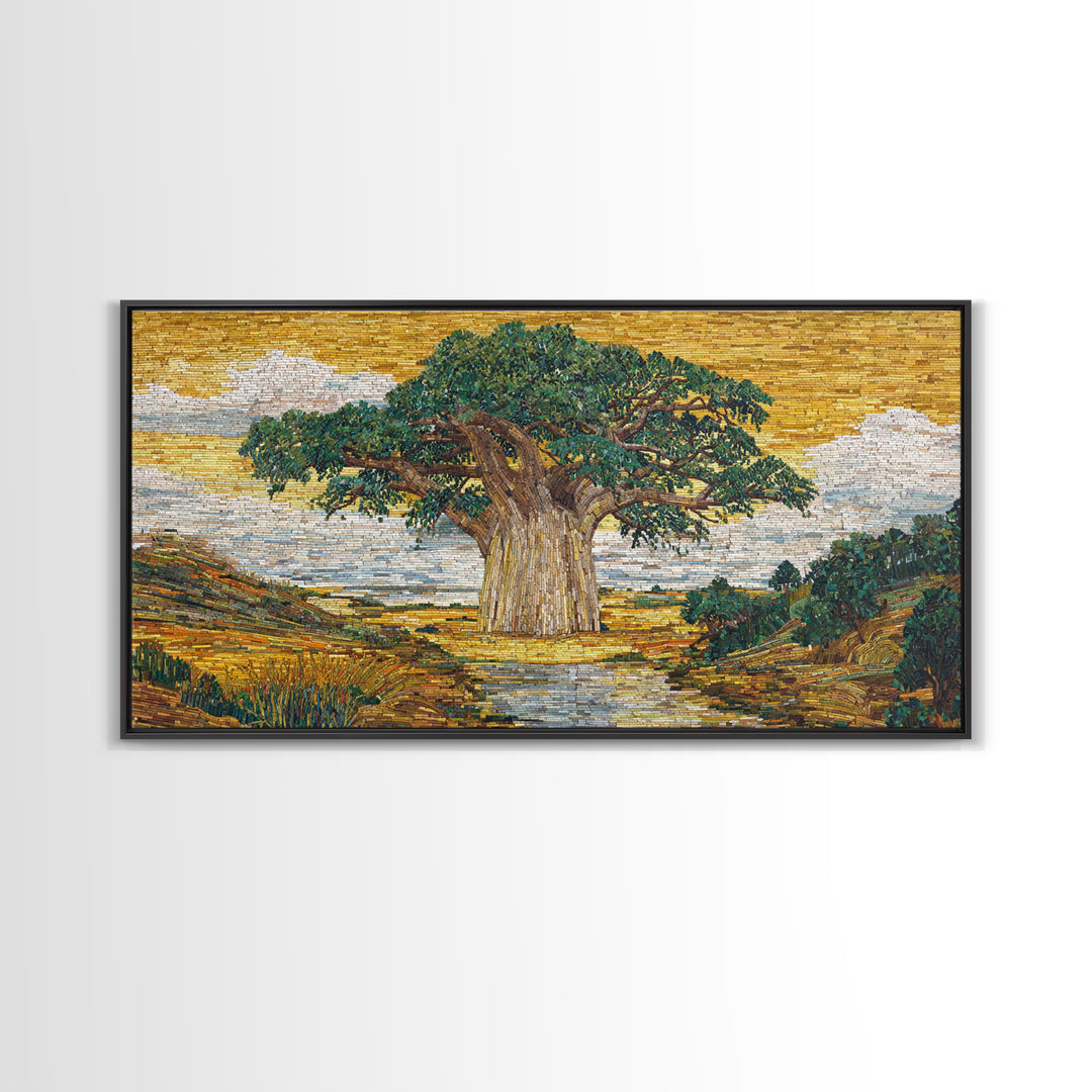 Mosaic Baobab River Landscape Canvas Print, African Tree Wall Art, Earth Tone Safari Decor, Modern Living Room Art, Housewarming Gift