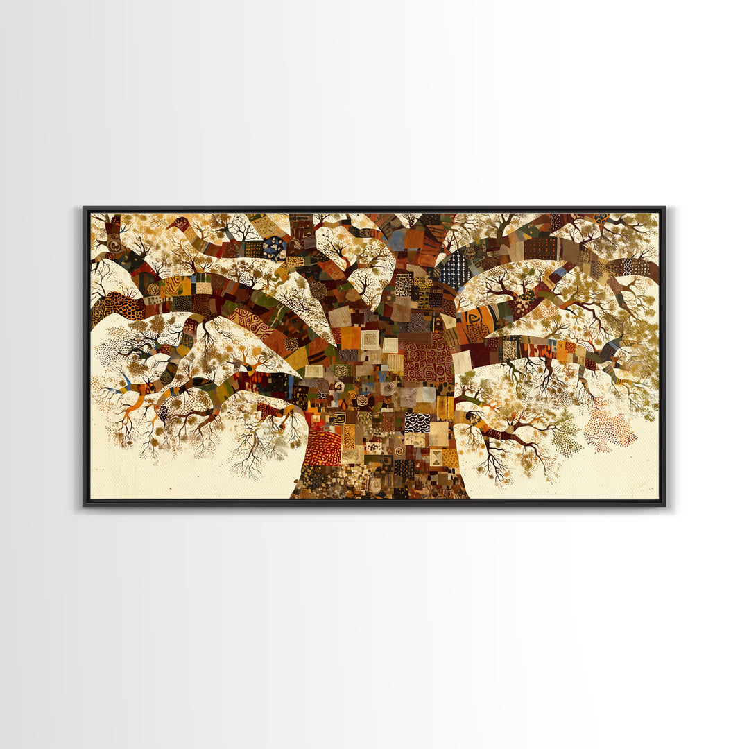 Patchwork Baobab Tree Wall Art, African Fabric Canvas Print, Ankara Pattern Decor, Afrocentric Statement Home Decor Gift