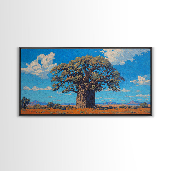 Sunlit Baobab Tree Canvas Print, African Landscape Wall Art, Blue Sky Safari Decor, Nature Scene Art, Unique Home Decor Gift