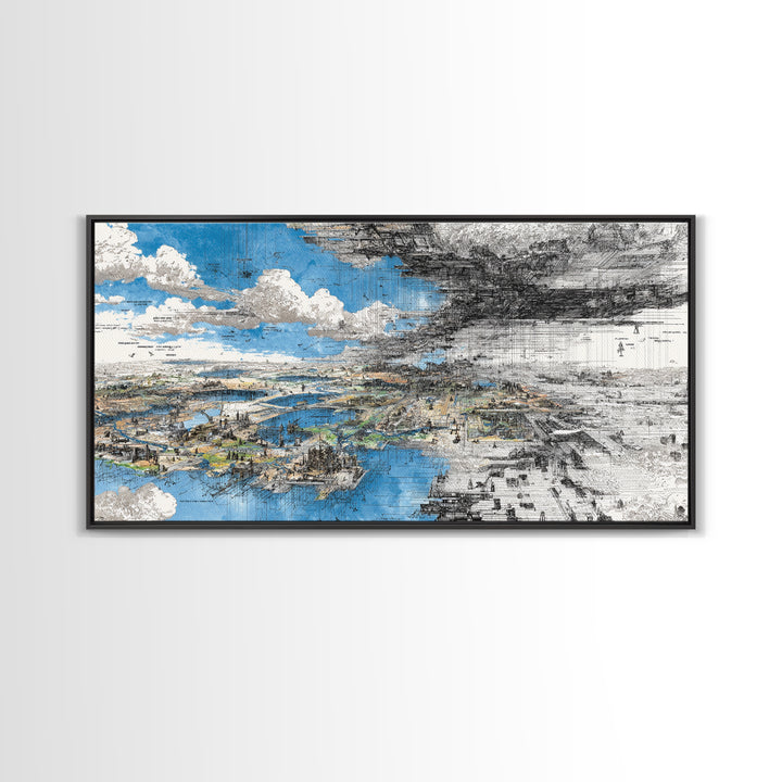Blue And Black Dreamscape Map Wall Art, Abstract African Landscape Canvas Print, Modern Office Decor, Large Statement Art