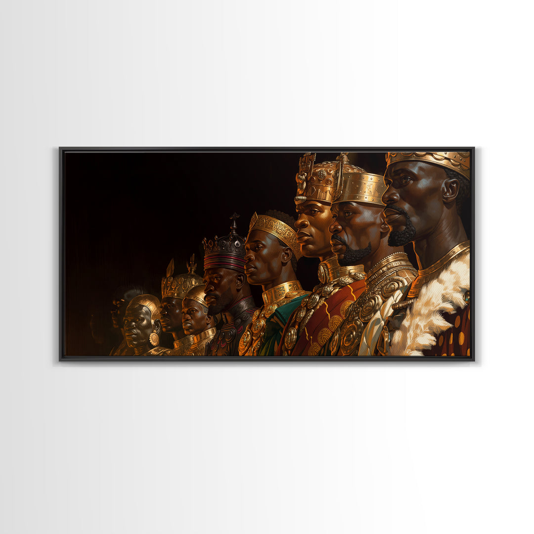 African Kings Royal Portrait Framed Canvas Print, Black History Wall Art, Gold Jewelry Canvas, Afrocentric Home Decor Gift