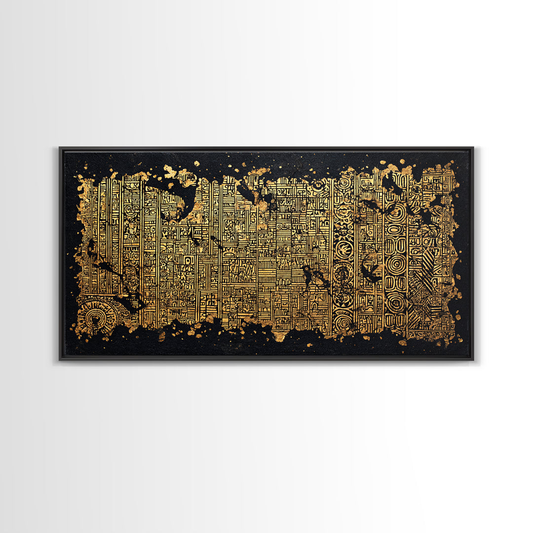 Gold Tribal Textile Pattern Canvas Print, Abstract African Art Decor, Kuba Inspired Wall Decor, Luxury Black Home Accent