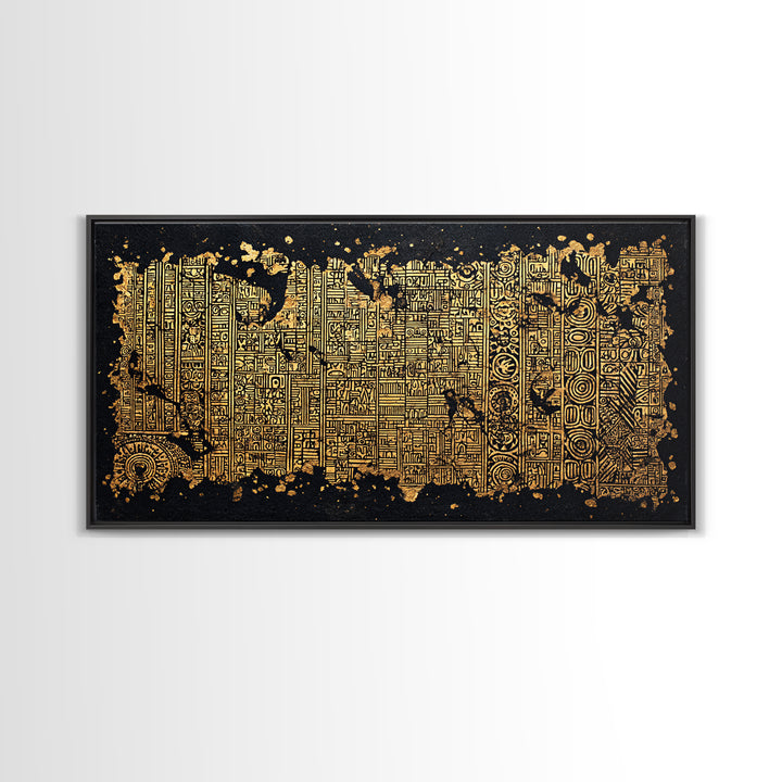 Gold Tribal Textile Pattern Canvas Print, Abstract African Art Decor, Kuba Inspired Wall Decor, Luxury Black Home Accent