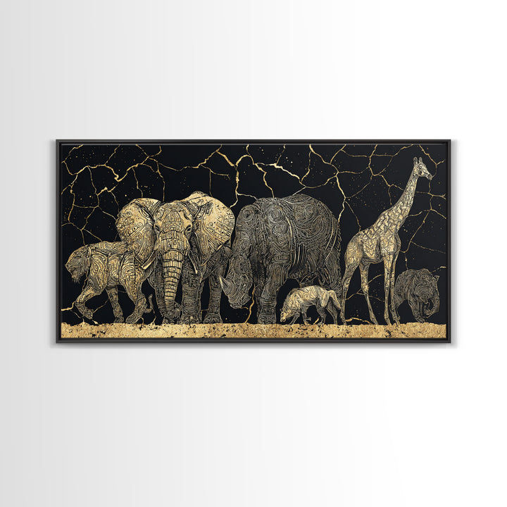 African Safari Animals Wall Art, Elephant Giraffe Family Canvas Decor, Serengeti Wildlife Print, Black Gold Home Accent Gift