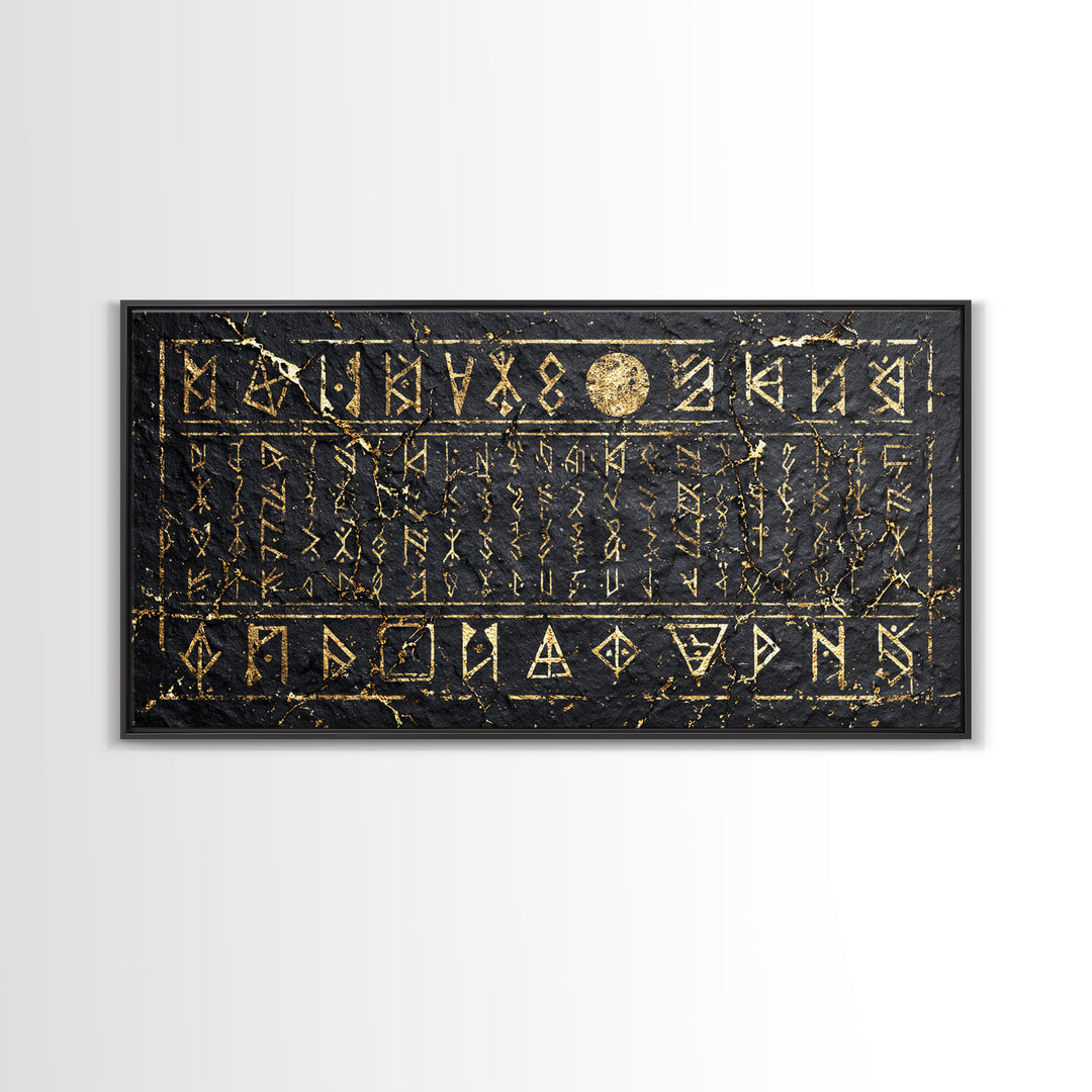 Black Gold Ancient Glyph Stone Tablet Wall Art, African Tribal Decor, Mystical Cultural Art, Framed Canvas Print For Statement Home Decor