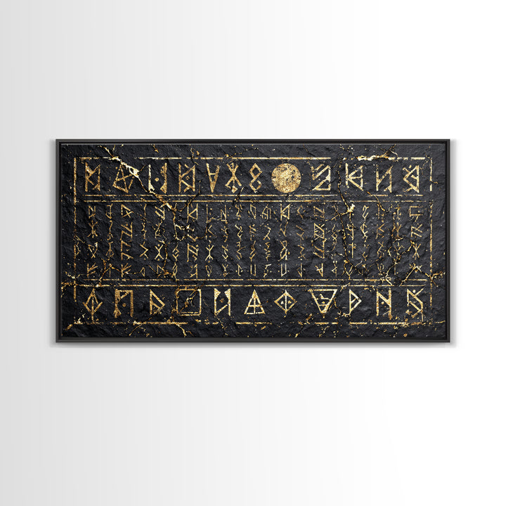 Black Gold Ancient Glyph Stone Tablet Wall Art, African Tribal Decor, Mystical Cultural Art, Framed Canvas Print For Statement Home Decor