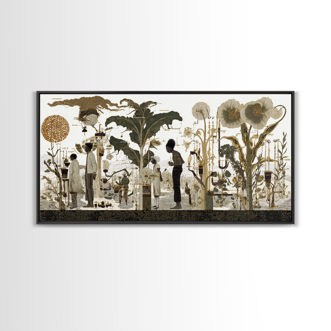 Neutral Botanical Black Figures Garden Wall Art, African American Art, Elegant Floral Canvas Print For Living Room Decor