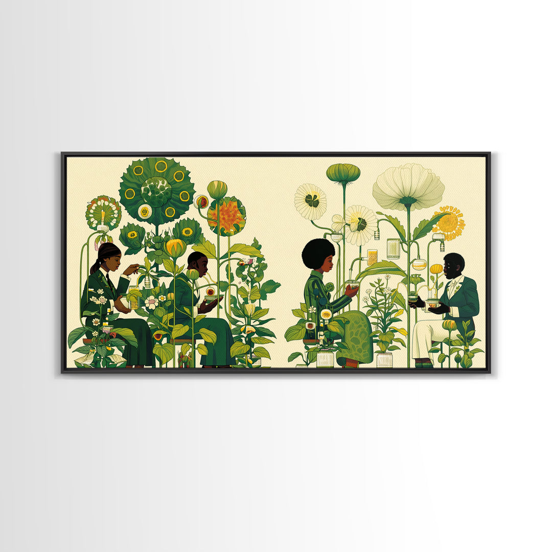 Green Botanical Reading Garden Canvas Print, African Women Art, Afrocentric Wall Decor, Nature Scene Art For Home Decor Gift