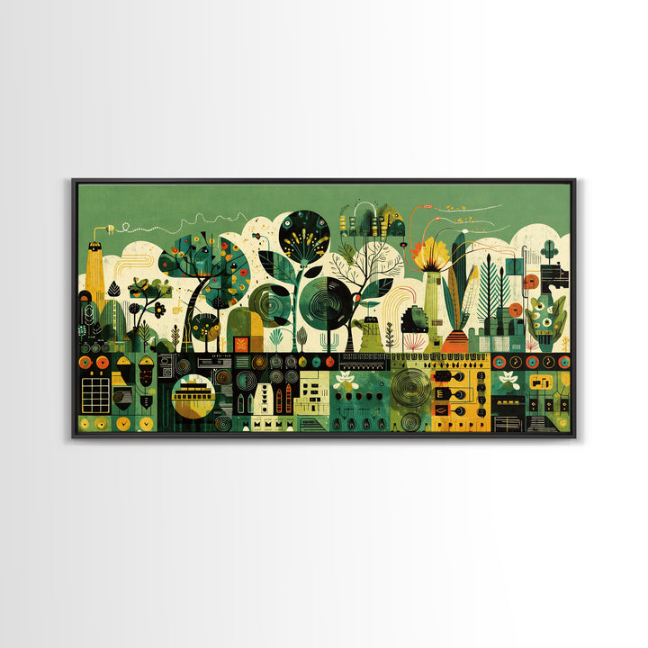 Green Abstract Botanical Cityscape Wall Art, African Patterns, Modern Afrocentric Canvas Print, Cultural Home Decor Gift