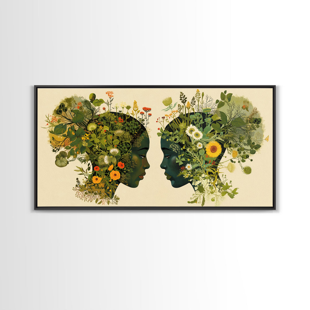 Floral Black Women Profile Portrait Wall Art, African Woman Art, Afrocentric Feminine Canvas Print, Botanical Home Decor Gift