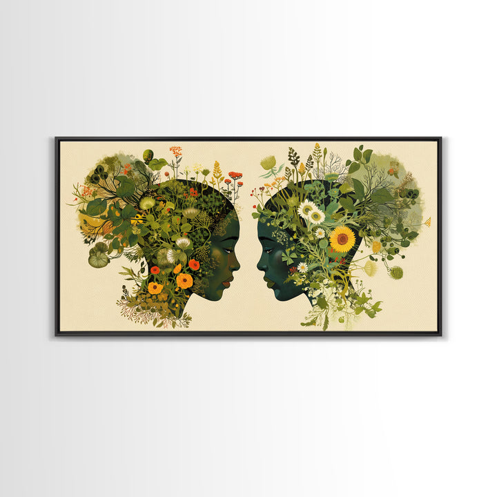 Floral Black Women Profile Portrait Wall Art, African Woman Art, Afrocentric Feminine Canvas Print, Botanical Home Decor Gift