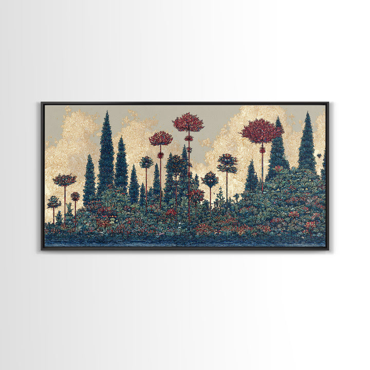 Dreamy Blue Forest Flower Landscape Canvas Print, African Inspired Wall Art, Nature Scene Art For Elegant Living Room Decor