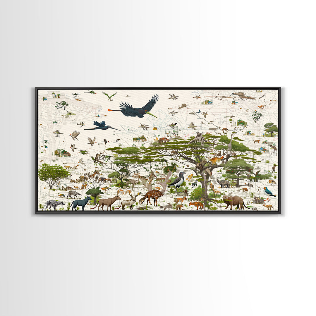 African Safari Animals Acacia Tree Wall Art, Serengeti Wildlife Canvas Print, Jungle Decor For Kids Room Or Office Decor