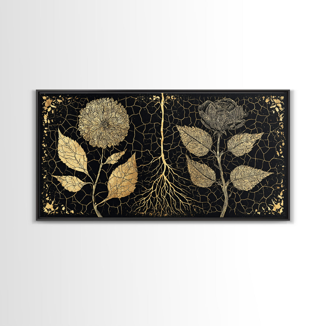 Black Gold Botanical Roots Framed Canvas Print, African Inspired Wall Decor, Luxury Nature Art, Elegant Home Decor Gift Idea