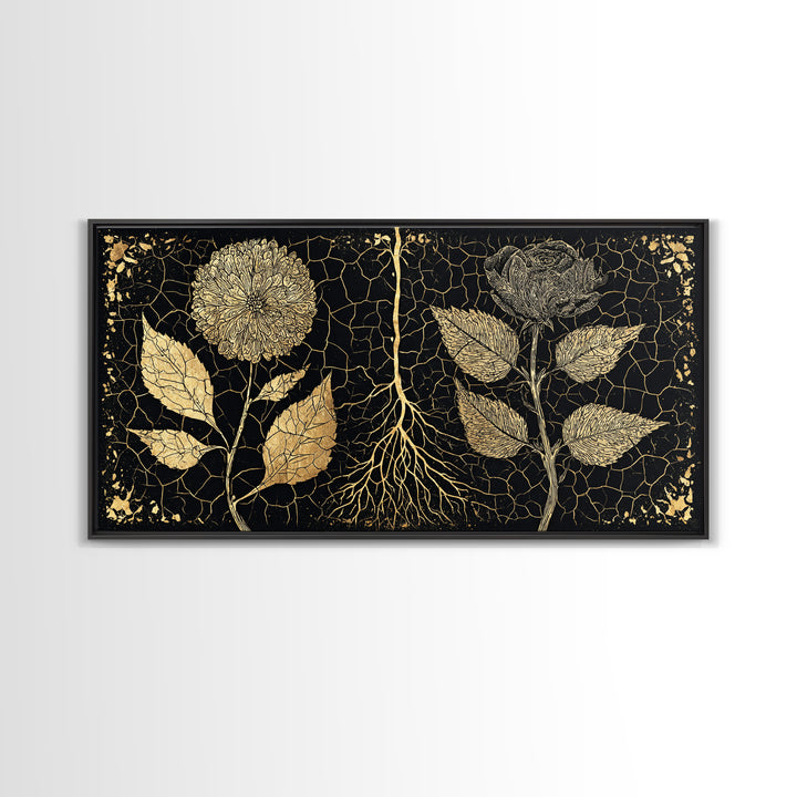 Black Gold Botanical Roots Framed Canvas Print, African Inspired Wall Decor, Luxury Nature Art, Elegant Home Decor Gift Idea
