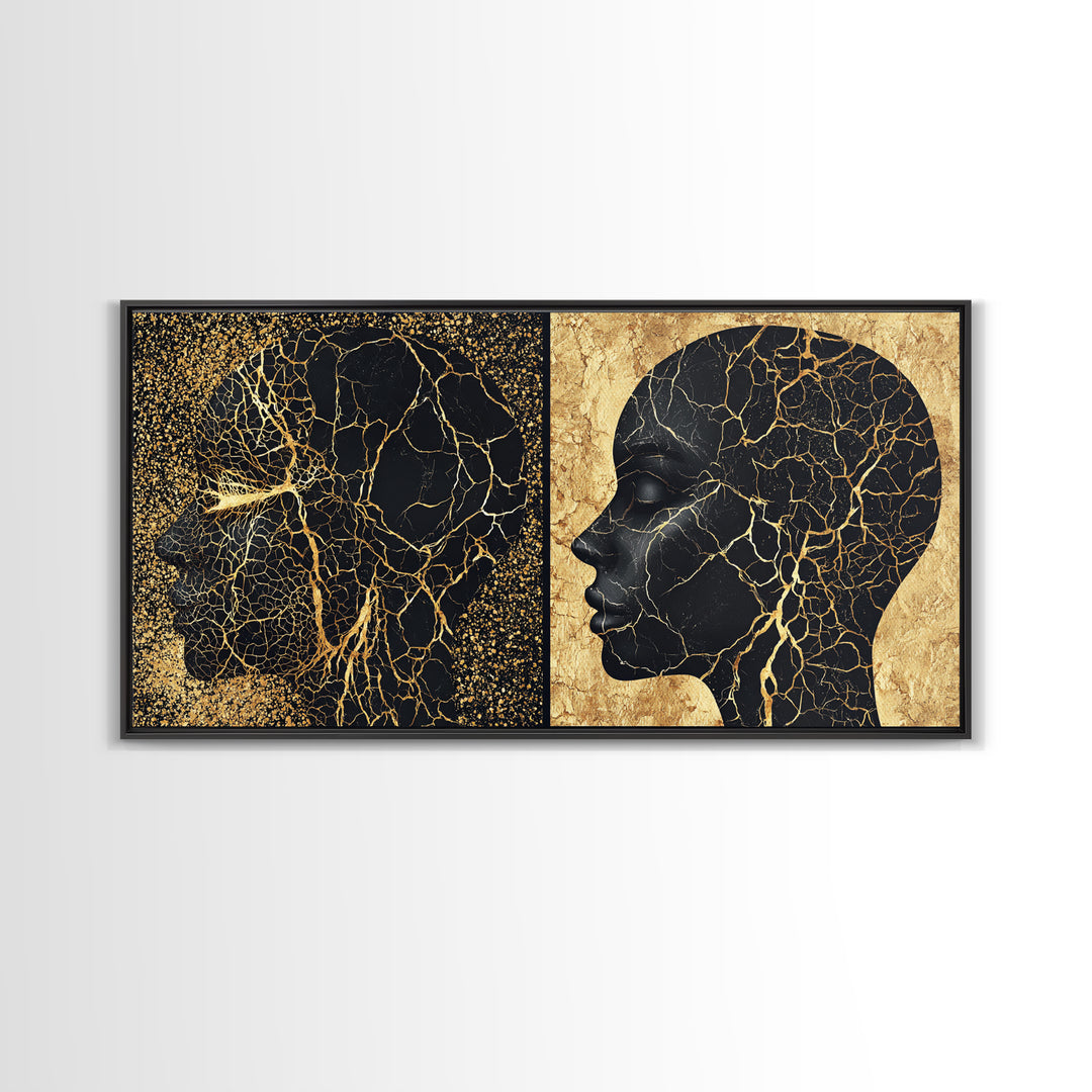 Black Gold Rooted African Profile Diptych Framed Canvas Print, Spiritual Wall Art, Modern Afrocentric Decor, Luxury Art Print