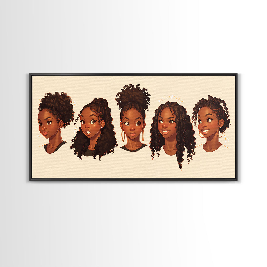 Cute Black Girl Hairstyle Portraits Wall Art, Melanin Artwork, African American Kids Decor, Black Girl Magic Canvas Print