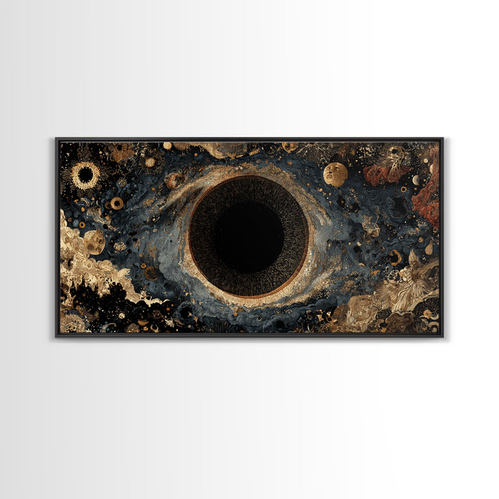 Black Gold Cosmic Eye Framed Canvas Print, Luxury Abstract Wall Decor, Mystical Space Art For Modern Living Room Home Decor