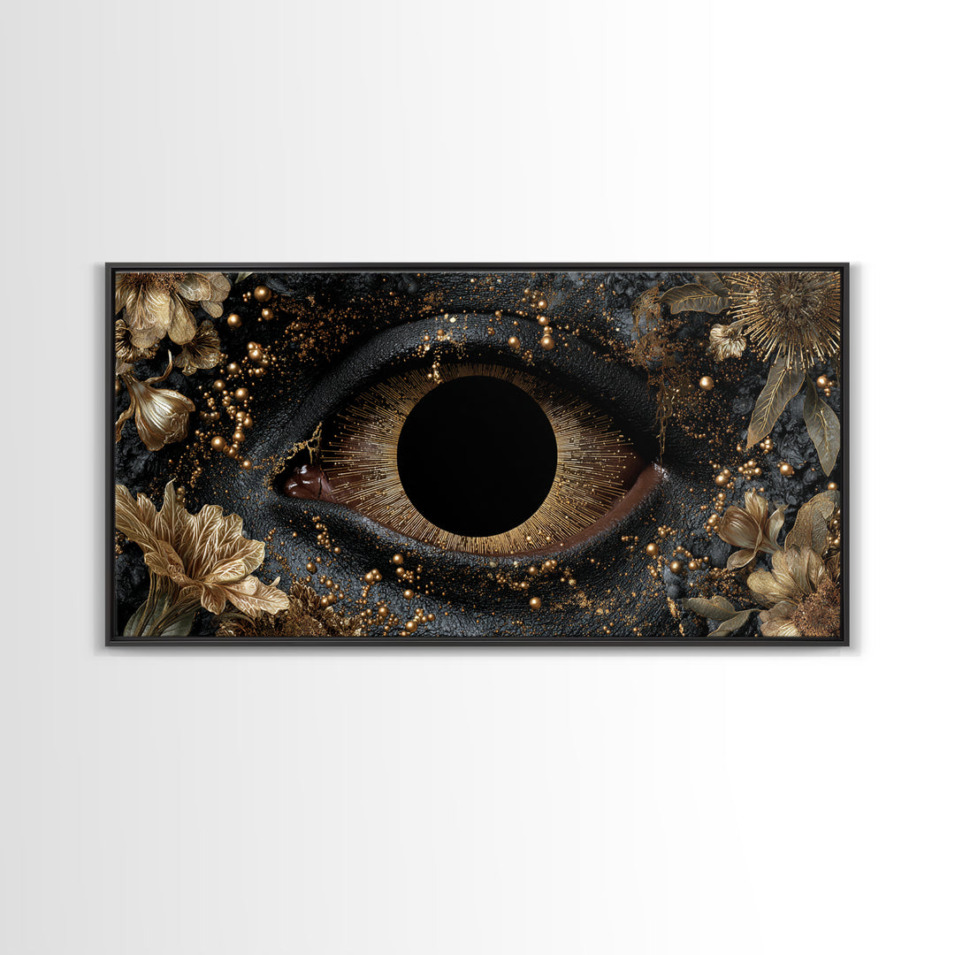 Golden Floral Mystic Eye Canvas Print, Black And Gold Abstract Wall Art, Luxury Feminine Decor For Stylish Living Room Gift