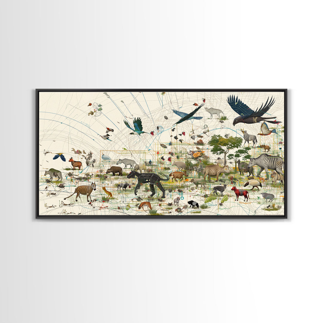 African Safari Map Canvas Print, Wildlife Collage With Elephant Giraffe Rhino, Serengeti Wall Decor, Jungle Animal Art Home Decor