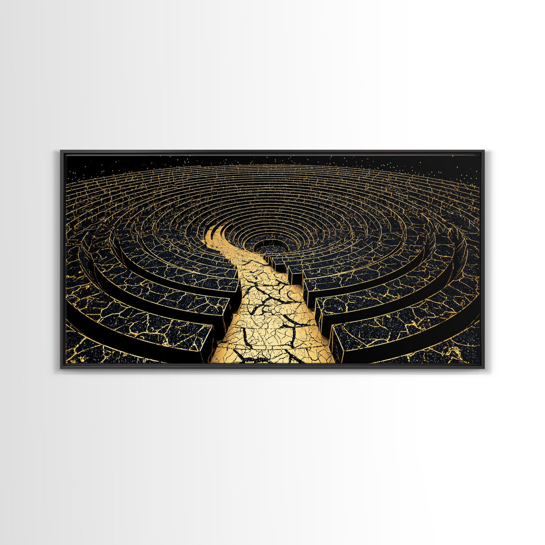 Golden Labyrinth Wall Art, Black And Gold Abstract Spiral Maze, Luxury Canvas Print, Modern Geometric Statement Decor Home Decor