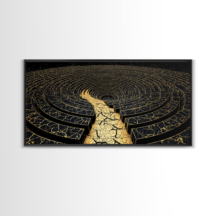 Golden Labyrinth Wall Art, Black And Gold Abstract Spiral Maze, Luxury Canvas Print, Modern Geometric Statement Decor Home Decor