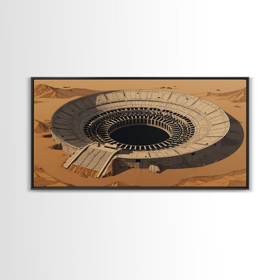 Desert Colosseum Canvas Print, Futuristic Arena Landscape, Beige Wall Art, Architectural Decor, Modern Office Art For Living Room