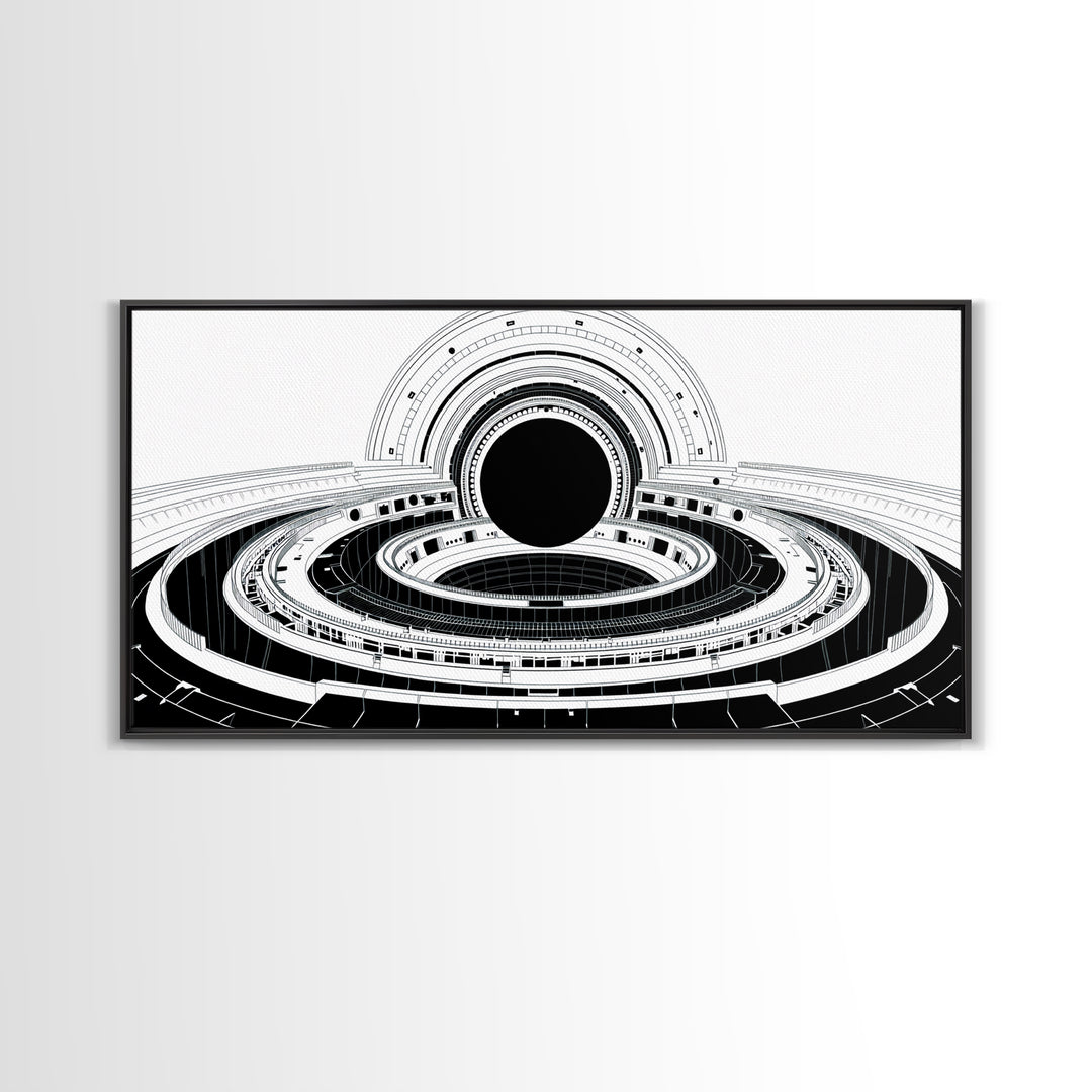 Monochrome Space Station Wall Art, Black And White Futuristic Architecture, Minimalist Canvas Print, Modern Office Decor
