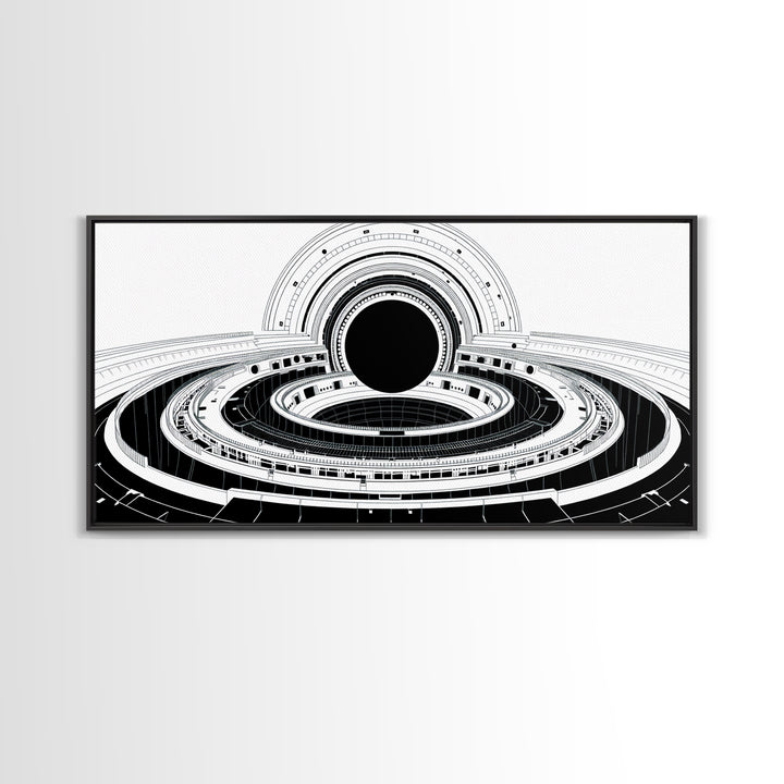 Monochrome Space Station Wall Art, Black And White Futuristic Architecture, Minimalist Canvas Print, Modern Office Decor