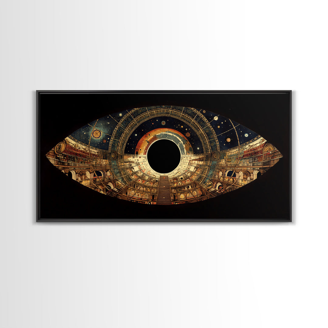 Celestial Observatory Eye Canvas Print, Ornate Cosmic Library Wall Art, Black Gold Sci Fi Decor, Mystical Statement Piece