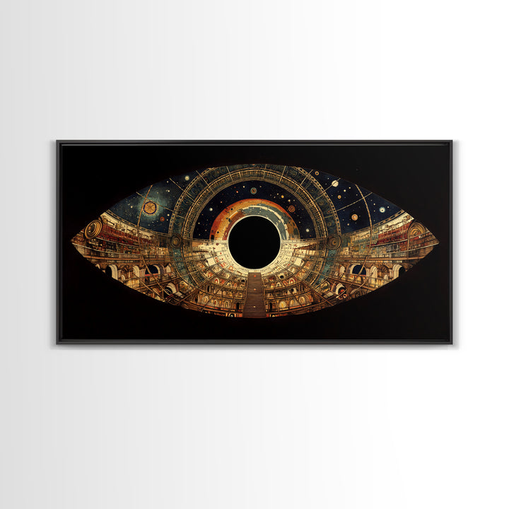 Celestial Observatory Eye Canvas Print, Ornate Cosmic Library Wall Art, Black Gold Sci Fi Decor, Mystical Statement Piece