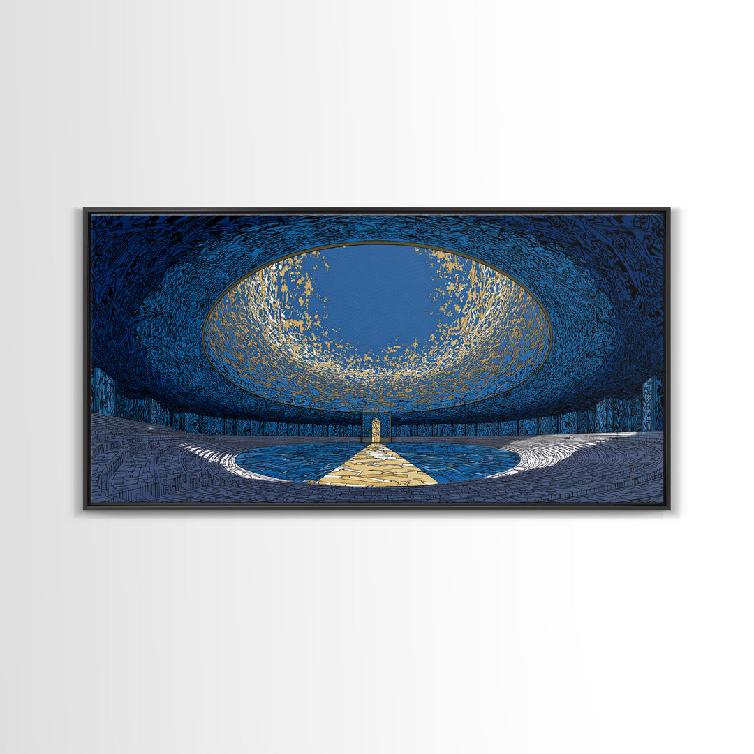 Blue Portal Chamber Wall Art, Futuristic Circular Architecture, Gold Path Canvas Print, Modern Abstract Office Decor Statement Piece