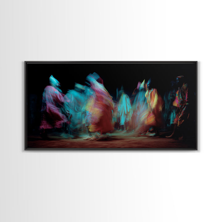 Blurred African Dancers In Jewel Robes Wall Art, Afrocentric Dance Canvas, Cultural Home Decor, Vibrant Tribal Art Print