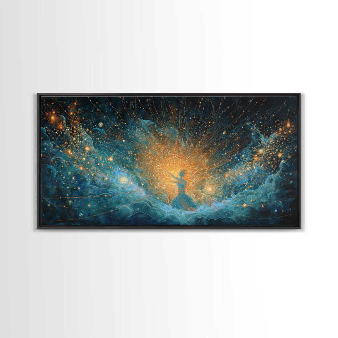 Cosmic African Goddess In Blue Gold Light Wall Art, Spiritual Afrocentric Decor, Mystical Woman Canvas, Dreamy Art Print