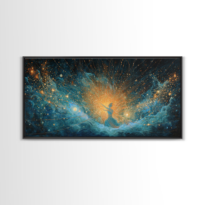 Cosmic African Goddess In Blue Gold Light Wall Art, Spiritual Afrocentric Decor, Mystical Woman Canvas, Dreamy Art Print