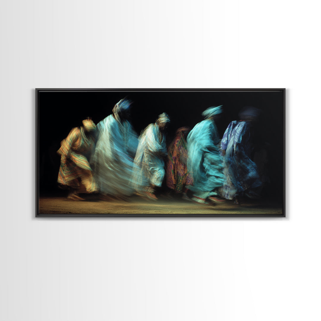 Blue Robed African Procession Wall Art, Abstract Dance Movement, Afrocentric Cultural Decor, Ethnic Canvas Print For Home