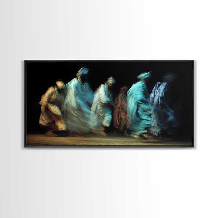 Blue Robed African Procession Wall Art, Abstract Dance Movement, Afrocentric Cultural Decor, Ethnic Canvas Print For Home