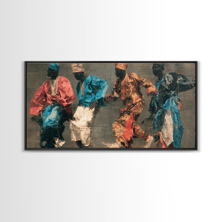 Four African Dancers In Colorful Robes Canvas Print, Tribal Culture Wall Art, Ankara Inspired Decor, Afrocentric Art Gift