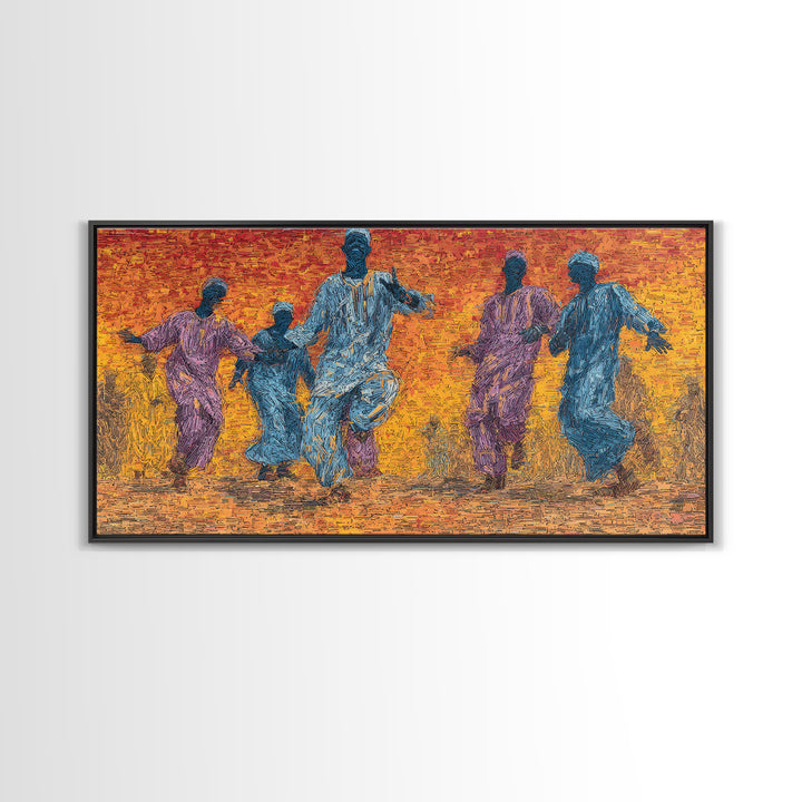 African Dancers At Sunset Wall Art, Colorful Afrocentric Celebration Print, Tribal Culture Decor, Vibrant Living Room Canvas