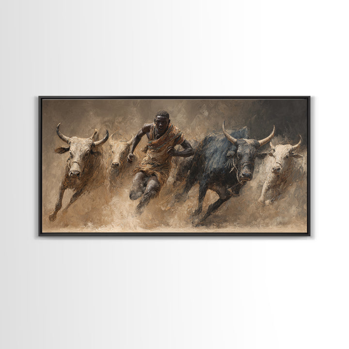 African Bull Runner Canvas Print, Dusty Cattle Race Painting, Warrior Culture Wall Decor, Rustic Safari Art For Living Room